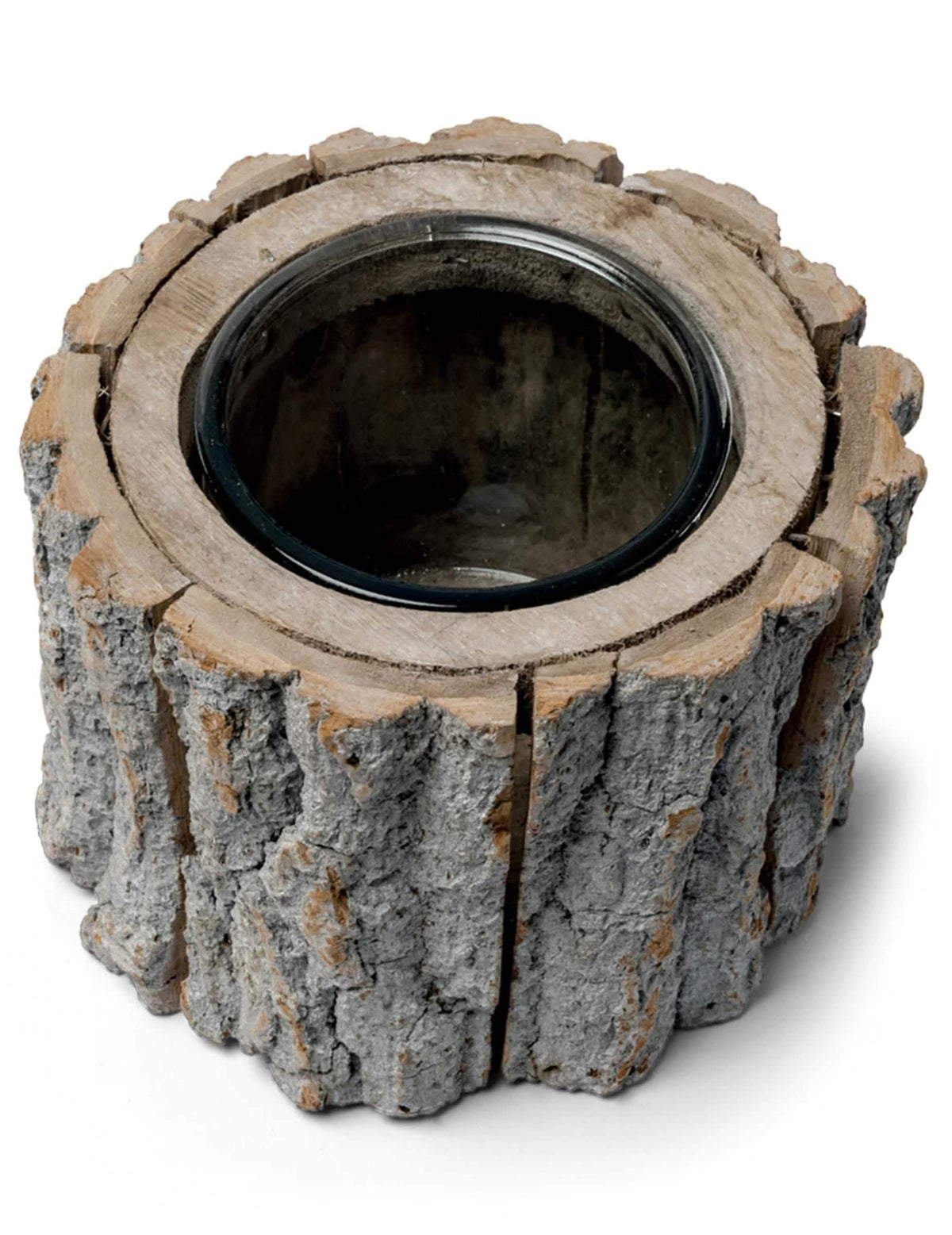 Bougeoir rondin de bois pour décoration aspect écorce naturelle marron avec verre