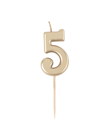 Verjaardagskaars cijfer 5 goud metallic 4,3 cm op prikker