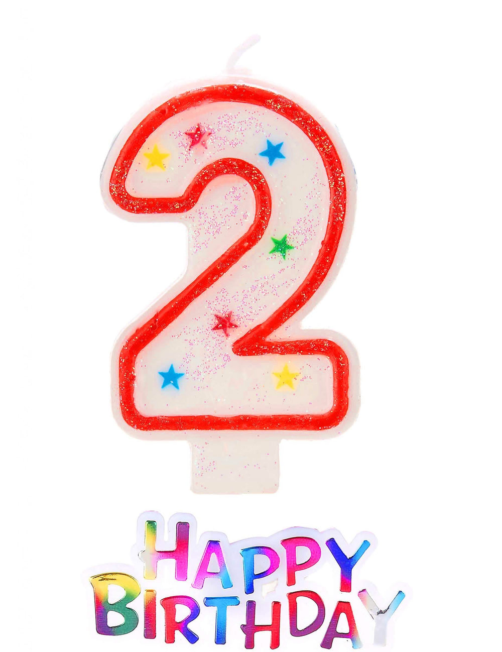 Bougie étoilée chiffre 2 pailletée happy birthday pour anniversaire blanc et rouge