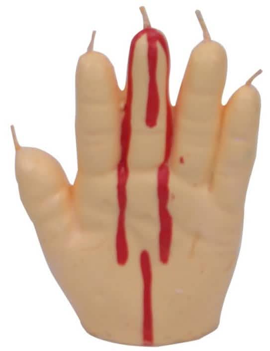 Kaars in de vorm van een bloederige hand, huidskleur met rode bloeddruppels
