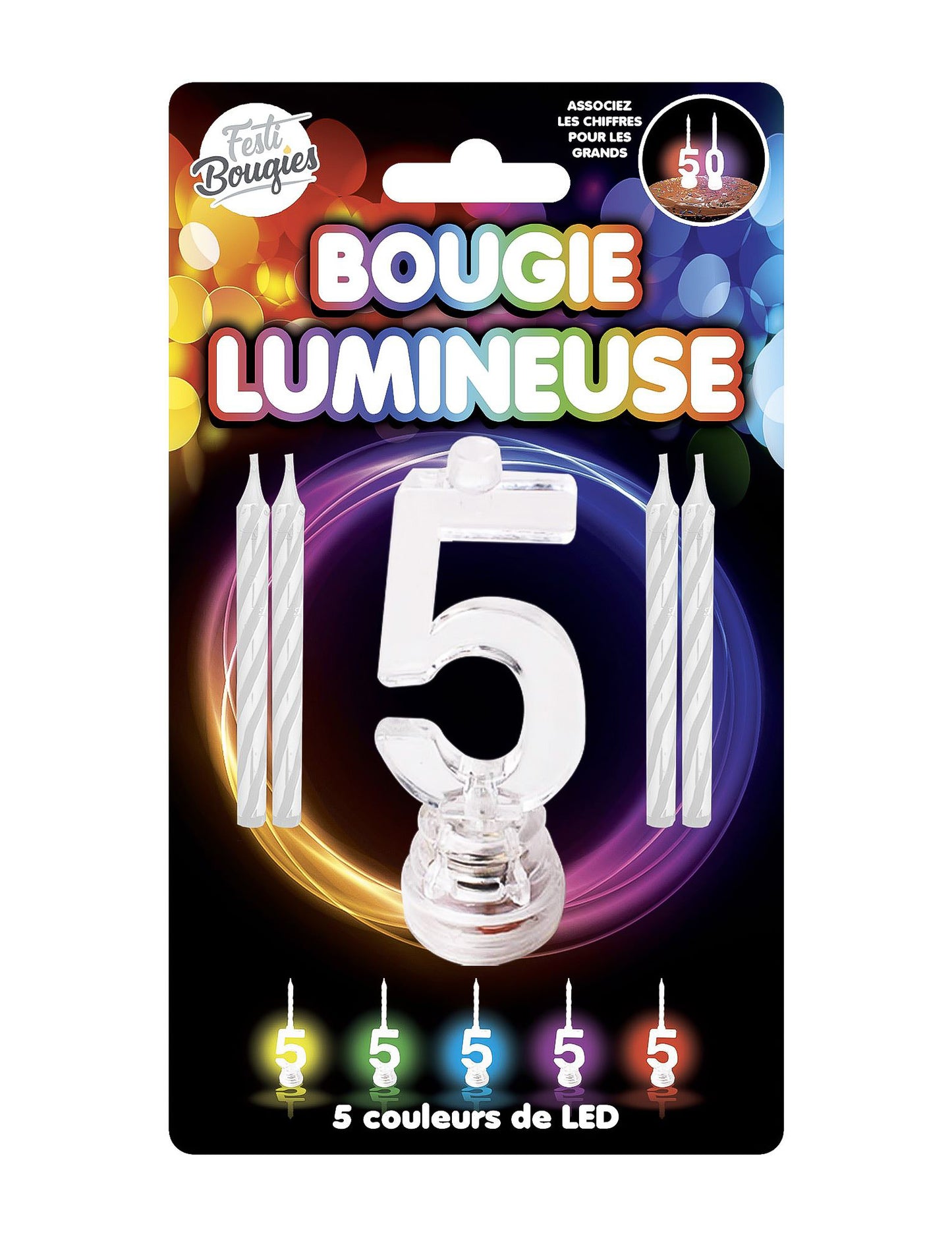Bougie lumineuse LED chiffre 5 pour anniversaire multicolore