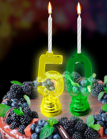 Mise en situation sur un gâteau de la bougie lumineuse LED chiffre 5 pour anniversaire multicolore
