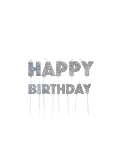 Bougies sur pics Happy Birthday pour anniversaire argentées pailletées