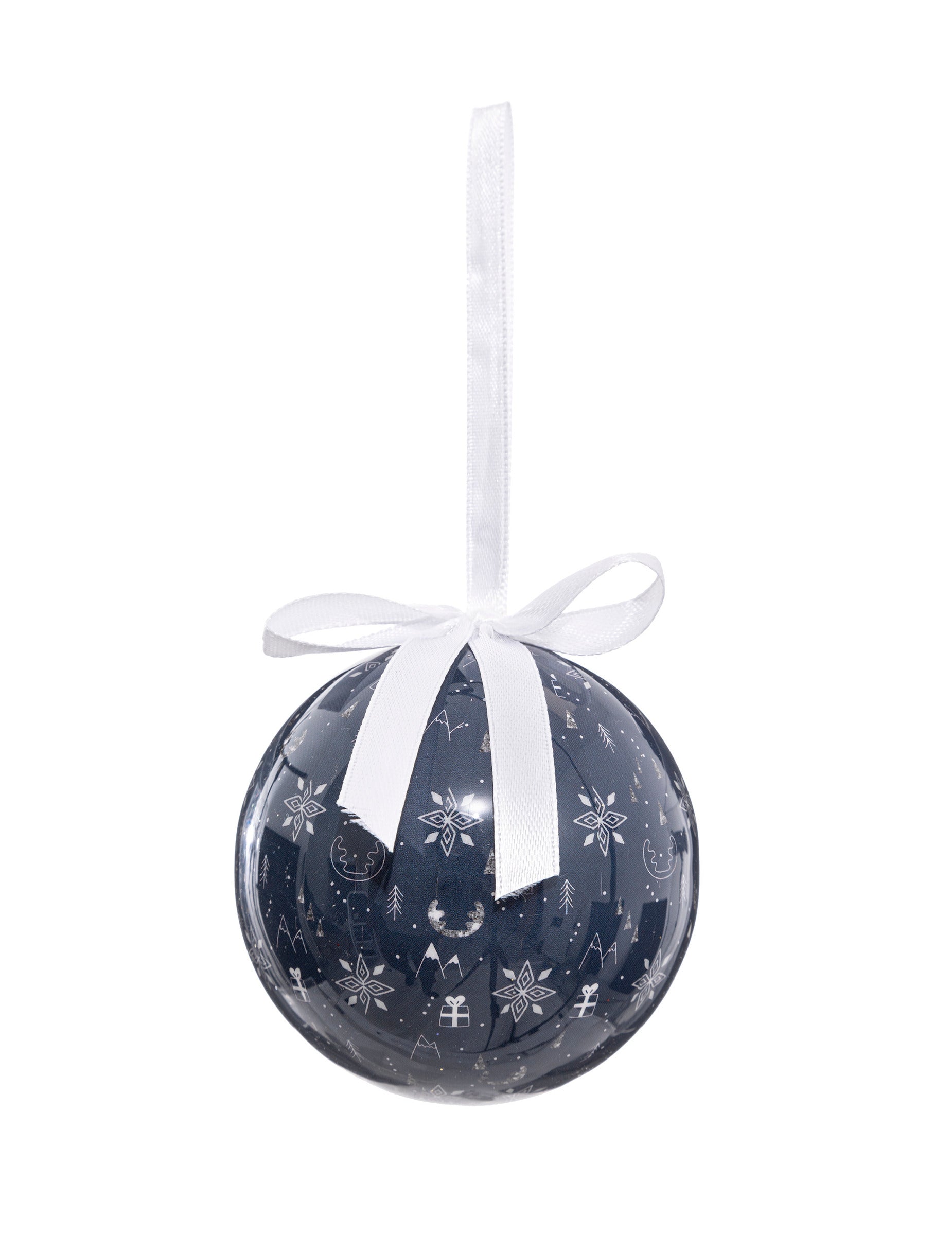Boule de neige avec flocons pour sapin bleu avec ruban blanc