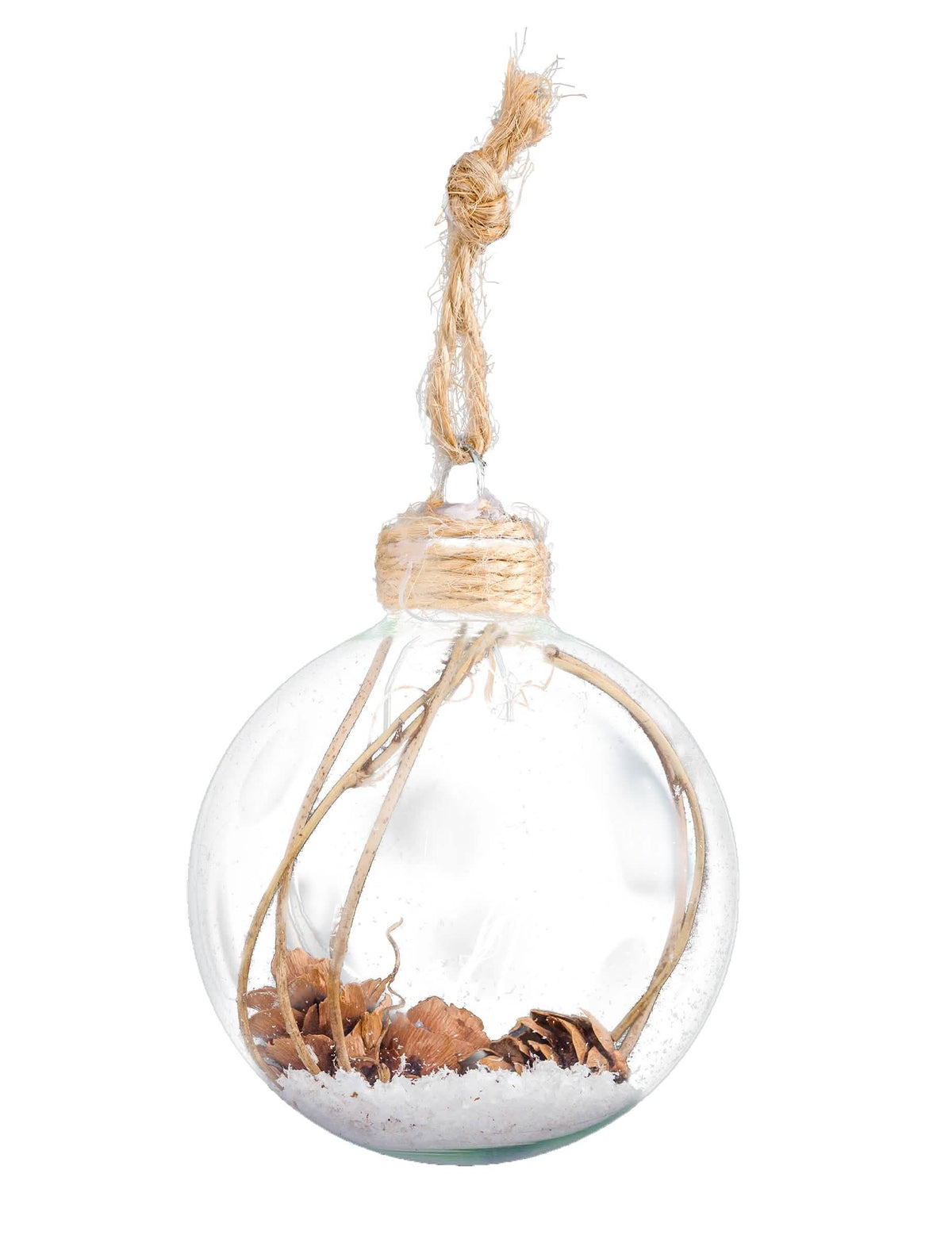 Boule de Noël en verre avec pommes de pin et neige transparente avec attache en corde de jute