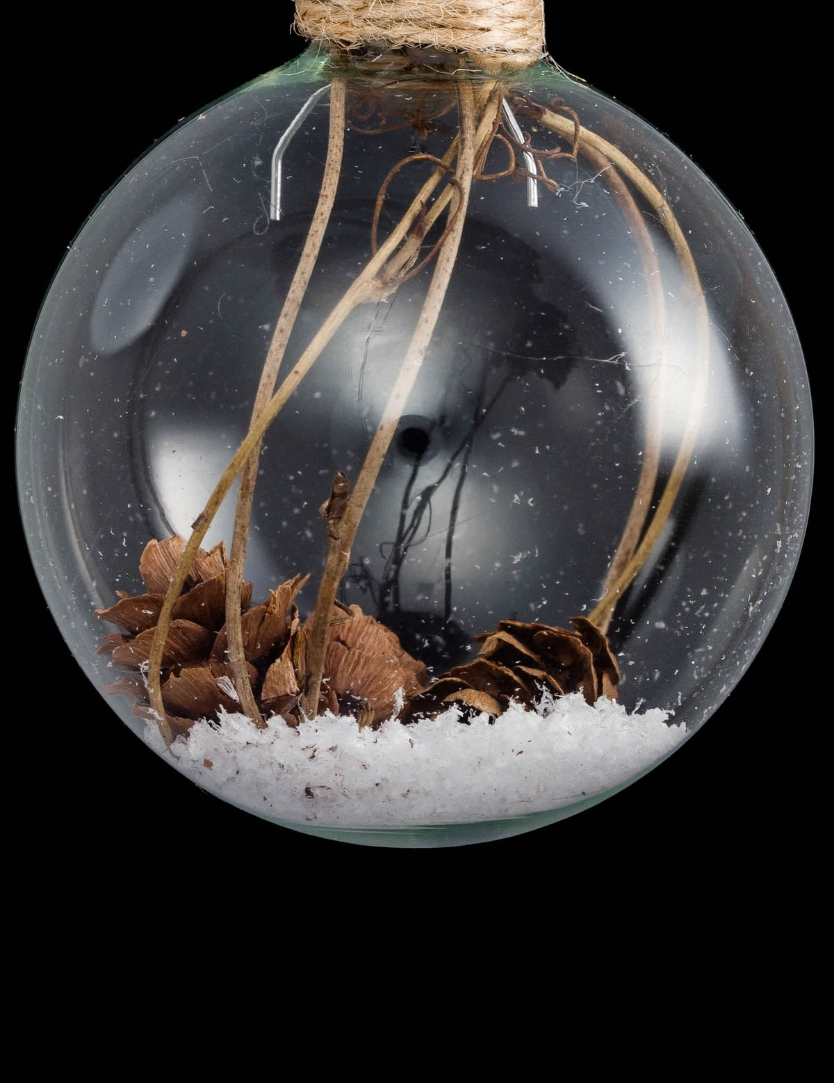 Gros plan sur les pommes de pin et la neige de la boule de Noël en verre avec pommes de pin et neige