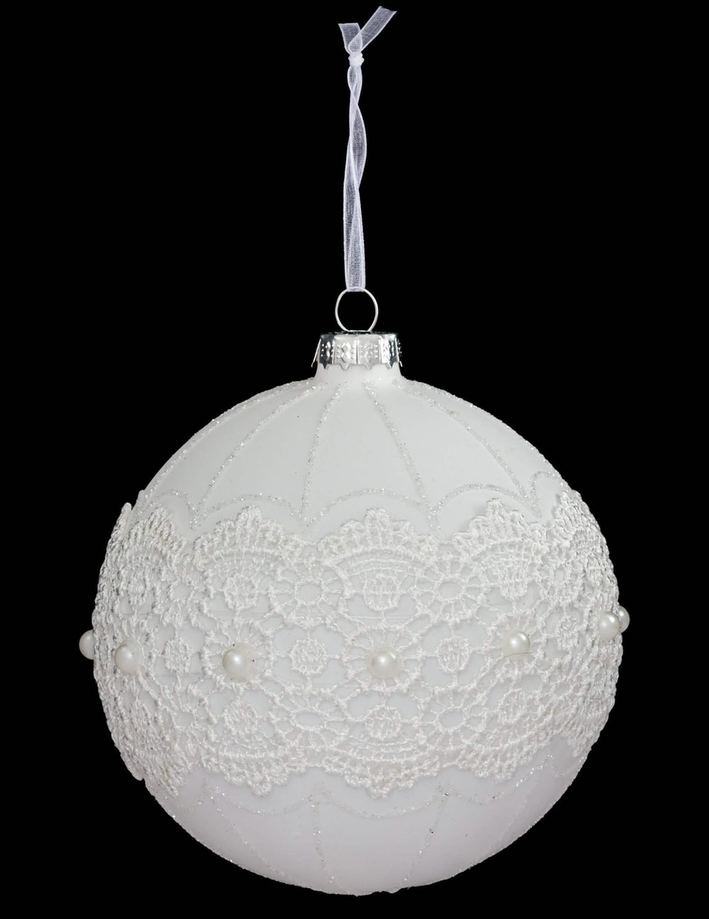 Boule de noël en verre élégante pour décoration blanche avec dentelle