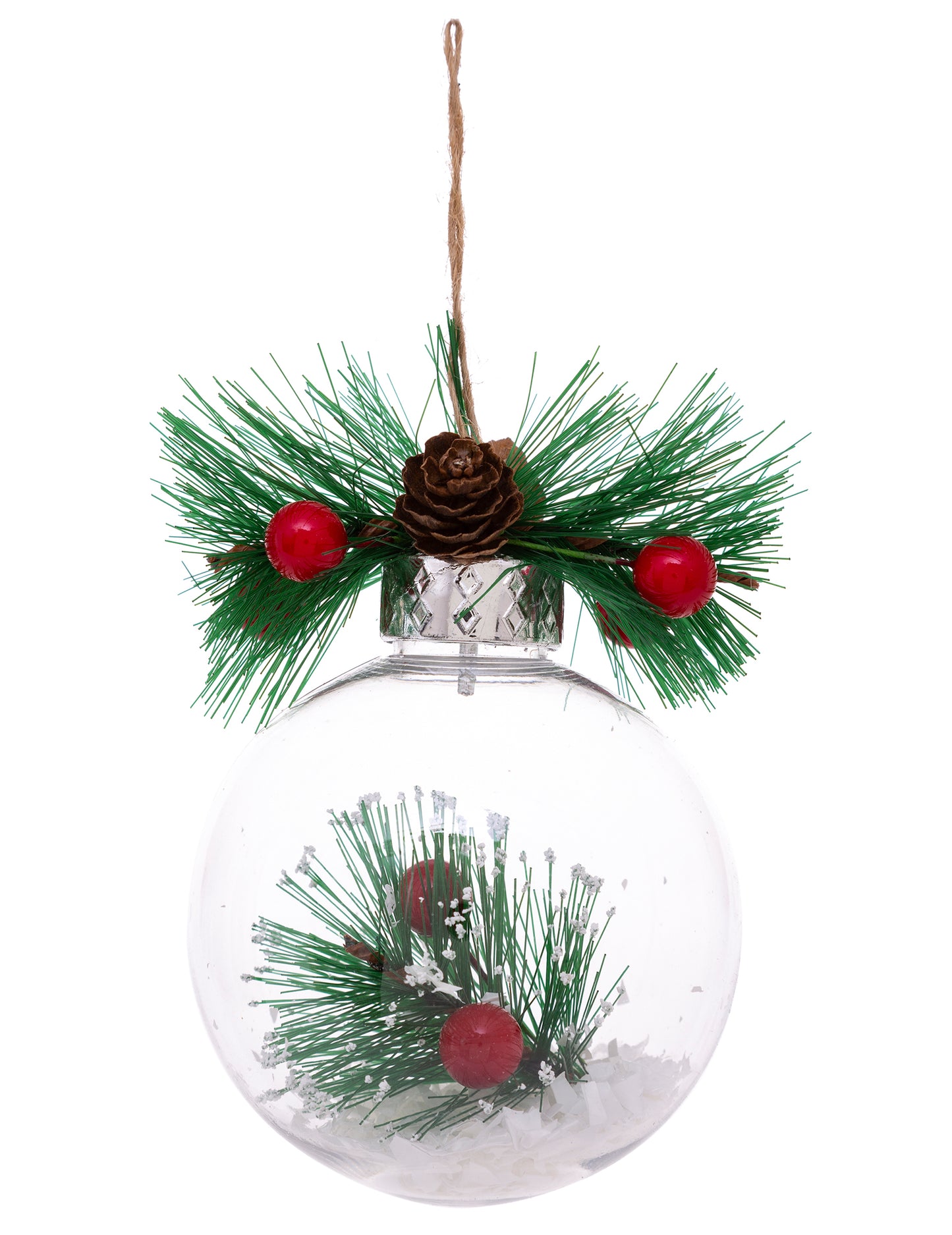 Boule de Noël naturelle avec neige et sapin transparente avec pomme de pin et baies rouges