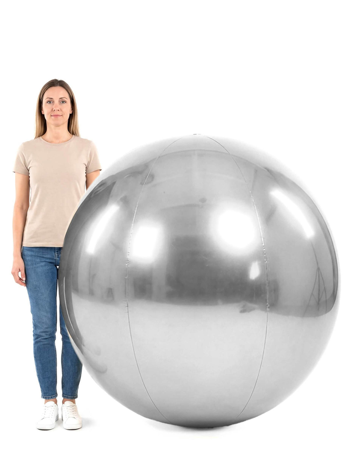 Zilveren opblaasbare spiegelbol 120 cm