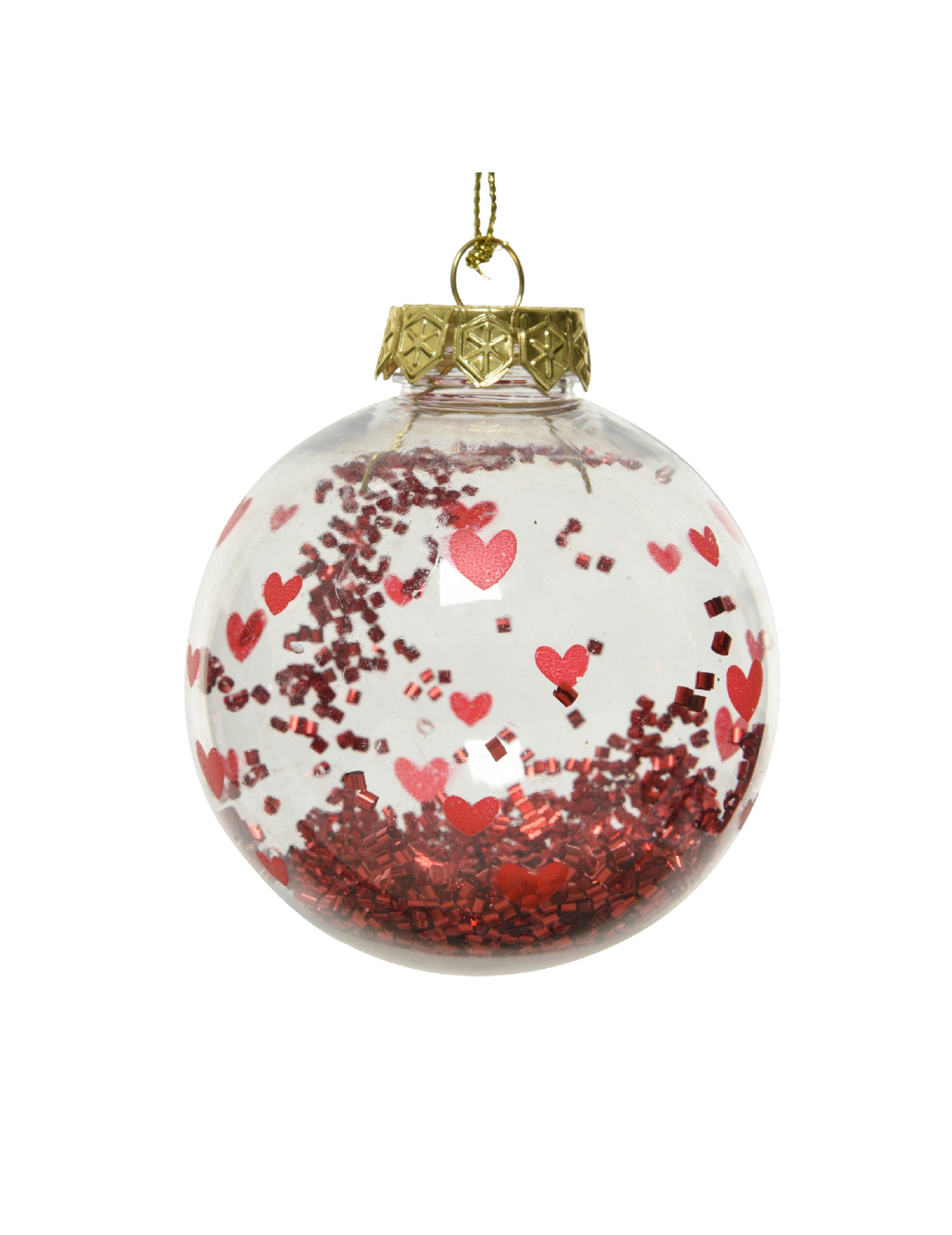 Boule de noël avec cœurs rouges et confettis brillants pour décoration transparente