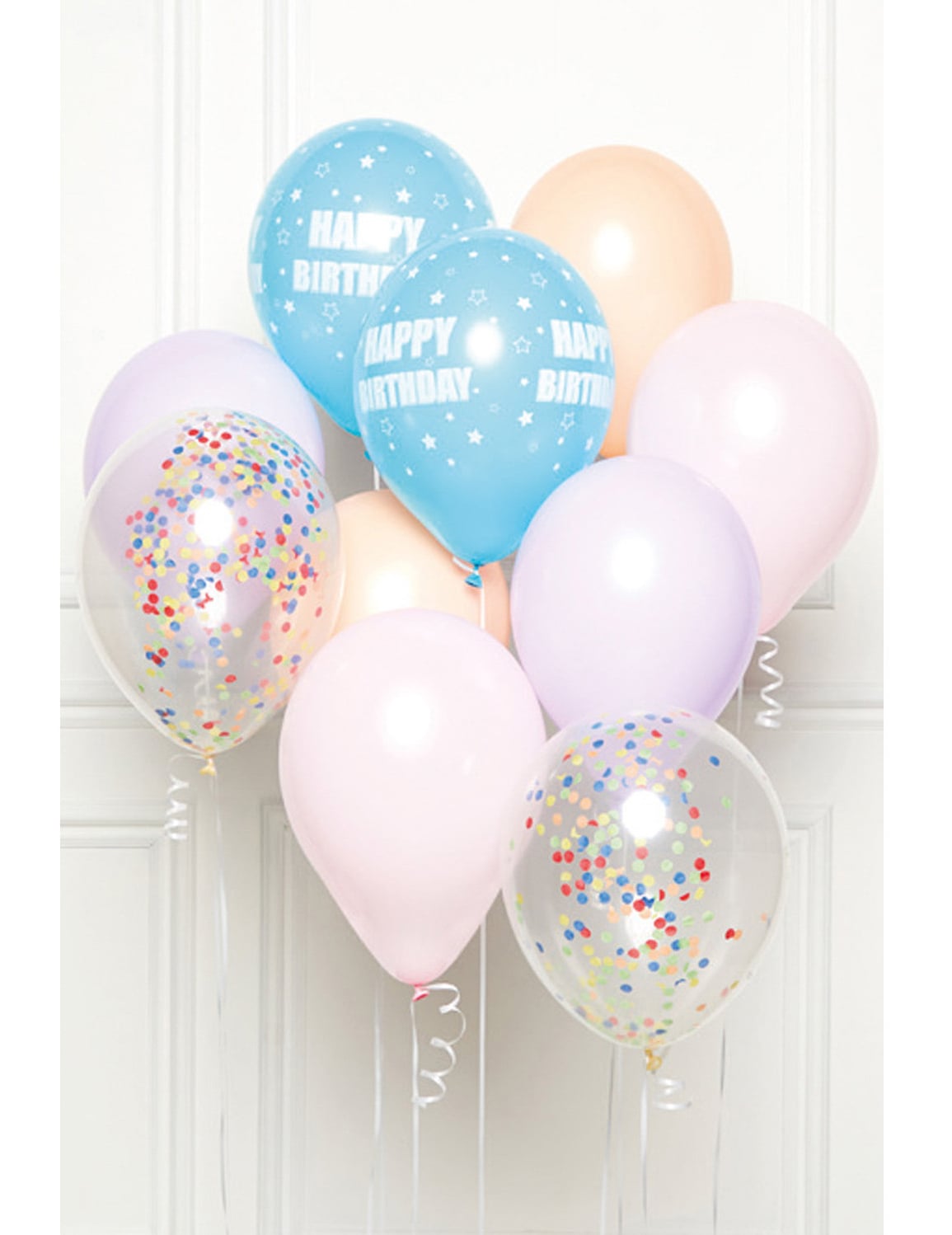 Bouquet de 10 ballons en latex happy birthday pour fête pastel multicolores avec confettis