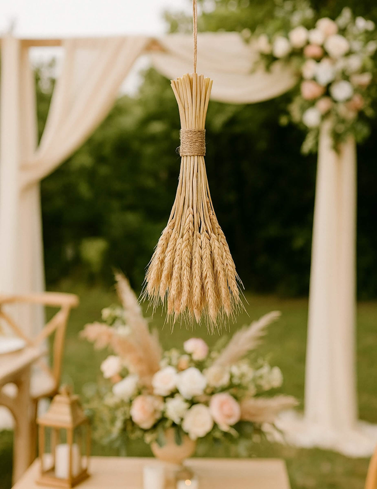Landelijke setting van het boeket met natuurlijke tarwearen