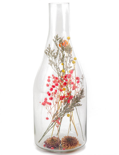 Bouteille avec fleurs séchées pour centre de table colorées