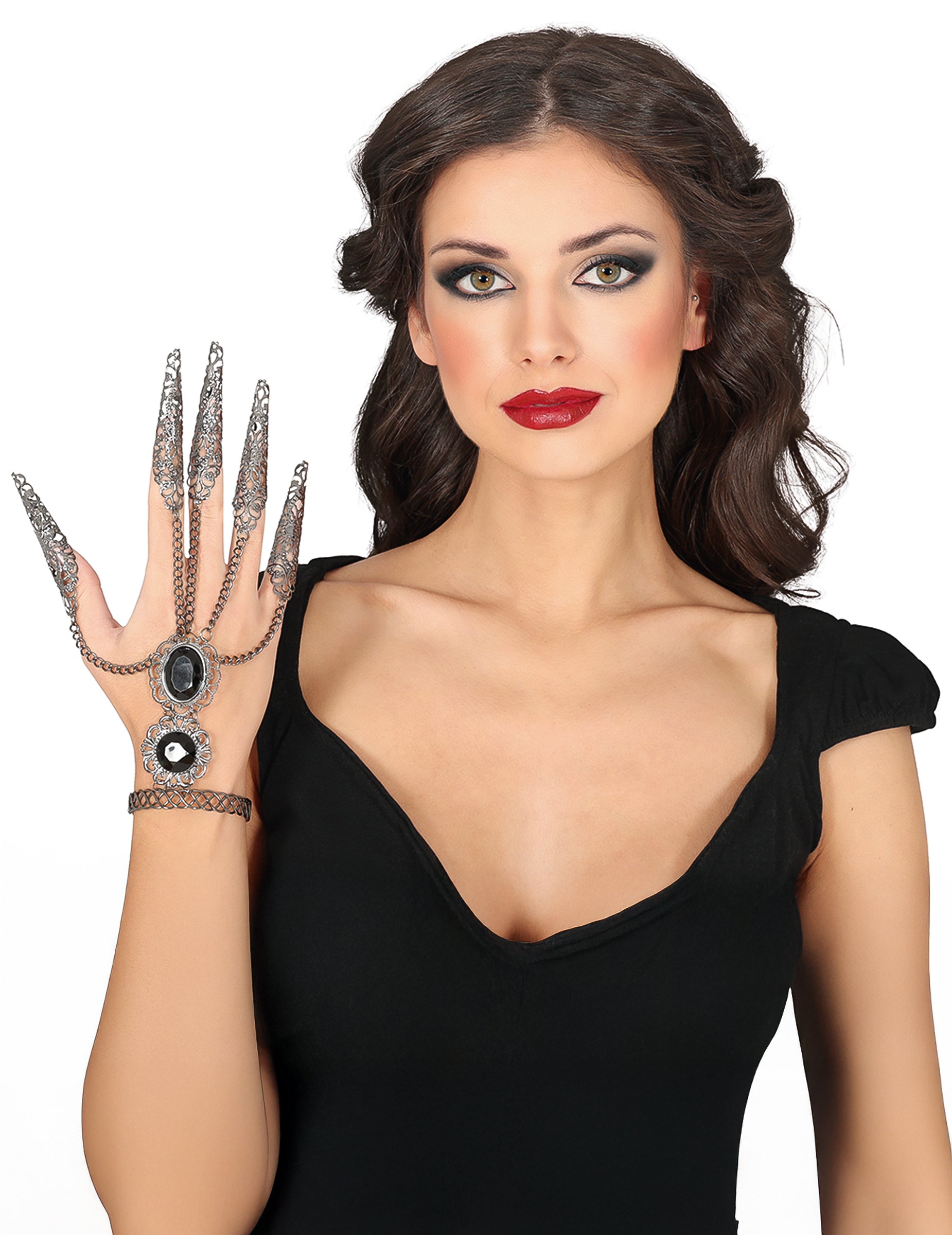 Bracelet Gothique métallique pour adulte argenté avec griffes et pierres noires