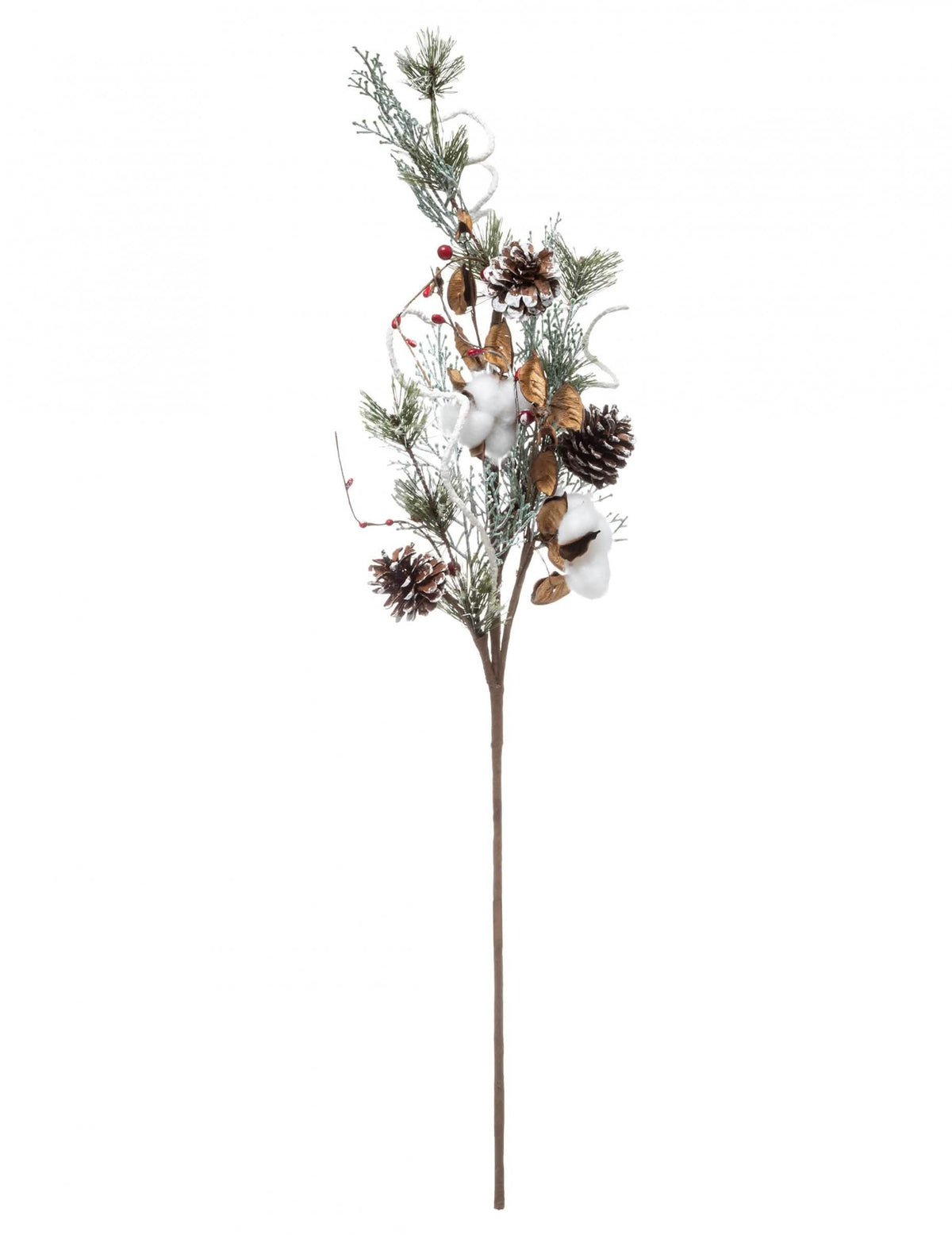 Branche naturelle pommes de pin et coton pour décoration de Noël marron blanc et doré