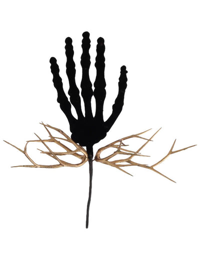 Branche main squelette et branchage en velours noir et or 22 cm