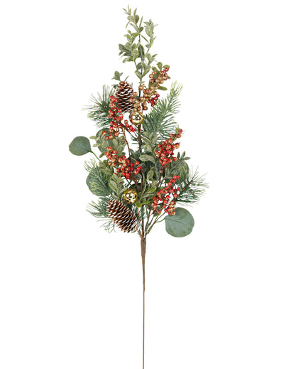 Branche décorative eucalyptus grelots et pommes de pin pour décoration traditionnelle verte et rouge avec grelots dorés