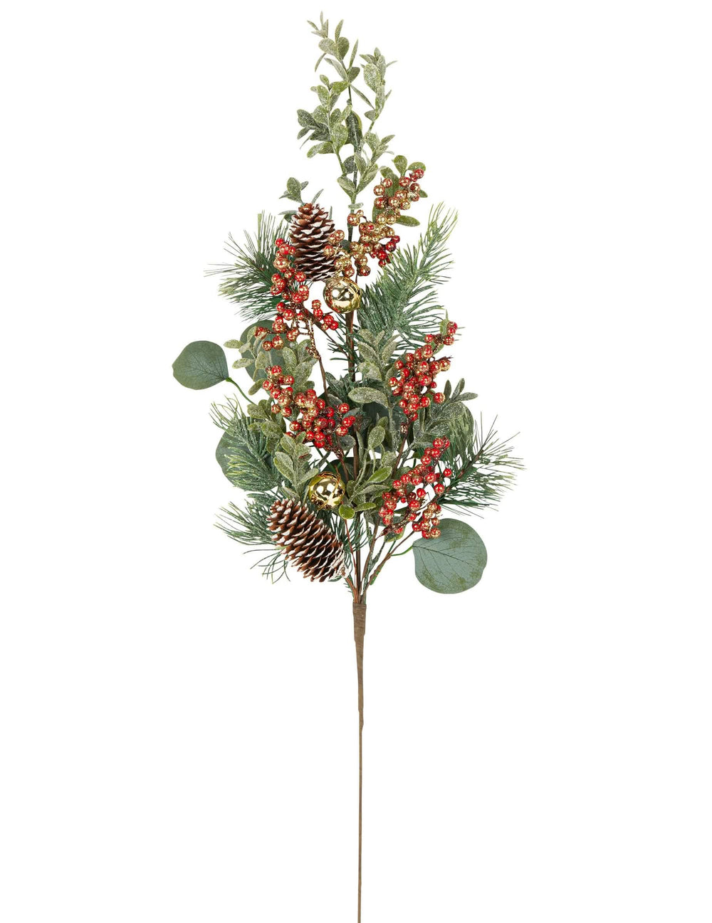 Branche décorative eucalyptus grelots et pommes de pin pour décoration traditionnelle verte et rouge avec grelots dorés