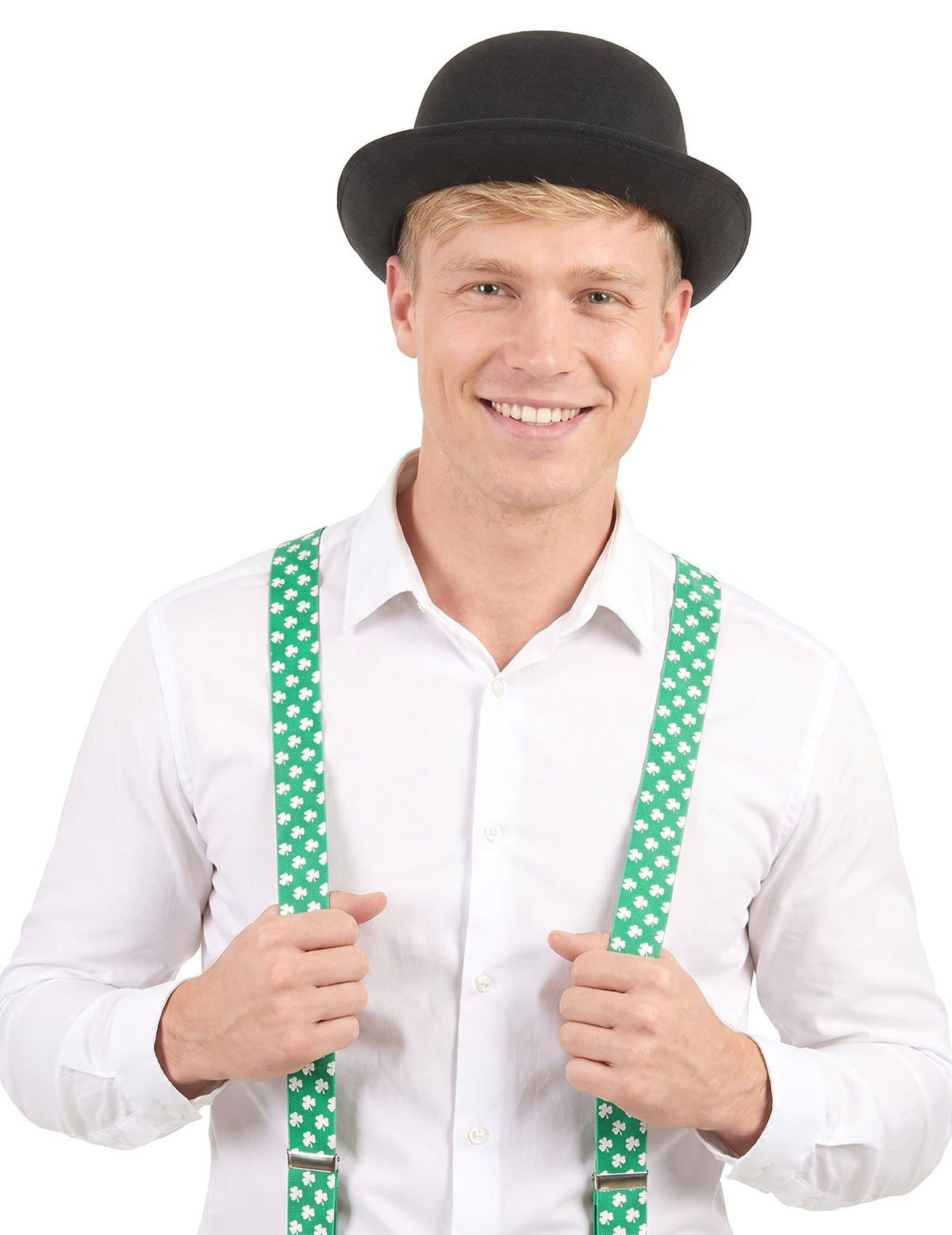 Bretelles vertes avec trèfles blancs Saint Patrick