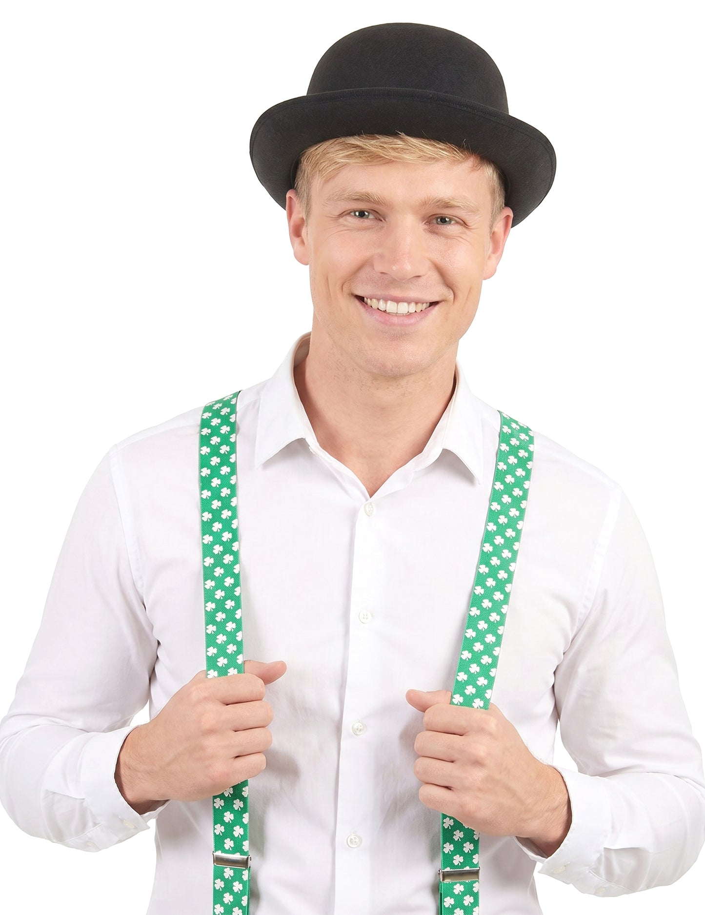 Bretelles vertes avec trèfles blancs Saint Patrick