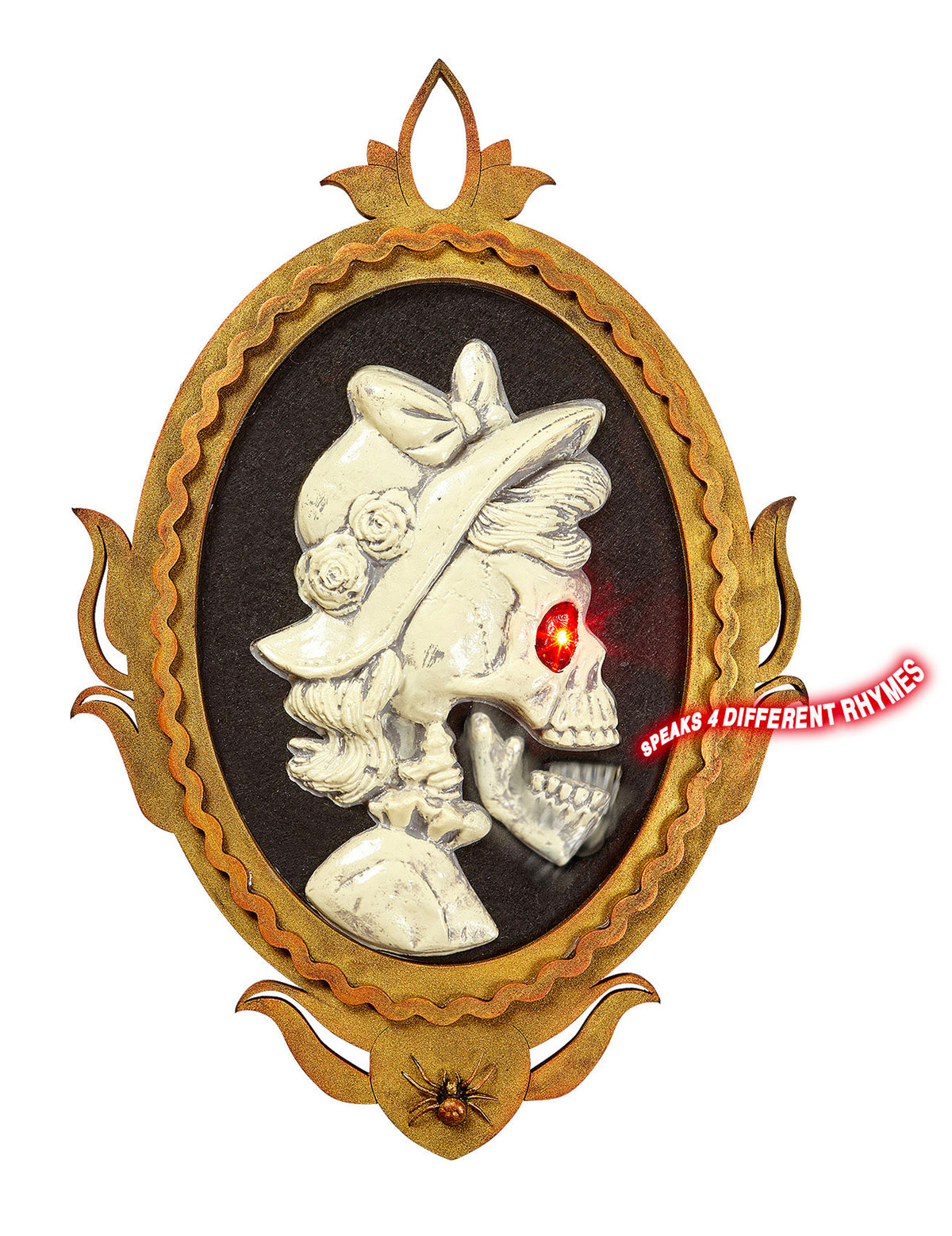 Cadre portrait dame squelette pour Halloween amovible et lumineux avec œil rouge et cadre doré
