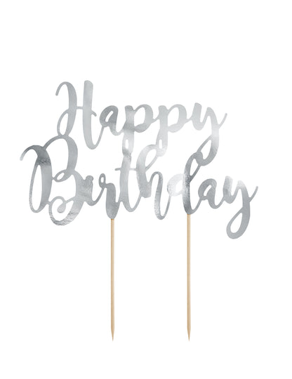 Cake topper happy birthday pour gâteau argenté métallisé