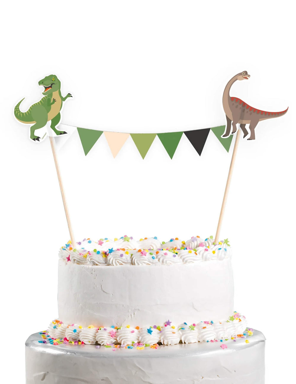 Cake topper Grands Dinosaures vert et marron avec guirlande de fanions