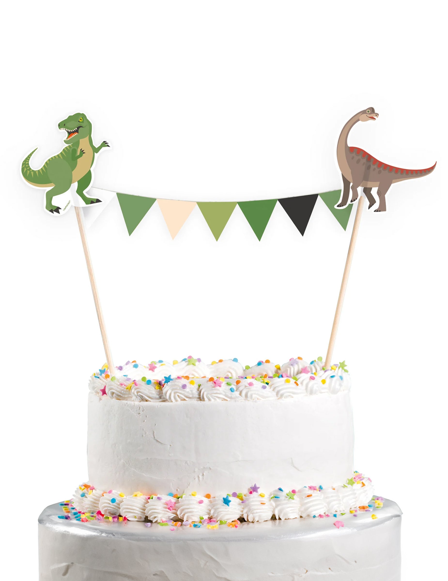 Cake topper Grands Dinosaures vert et marron avec guirlande de fanions
