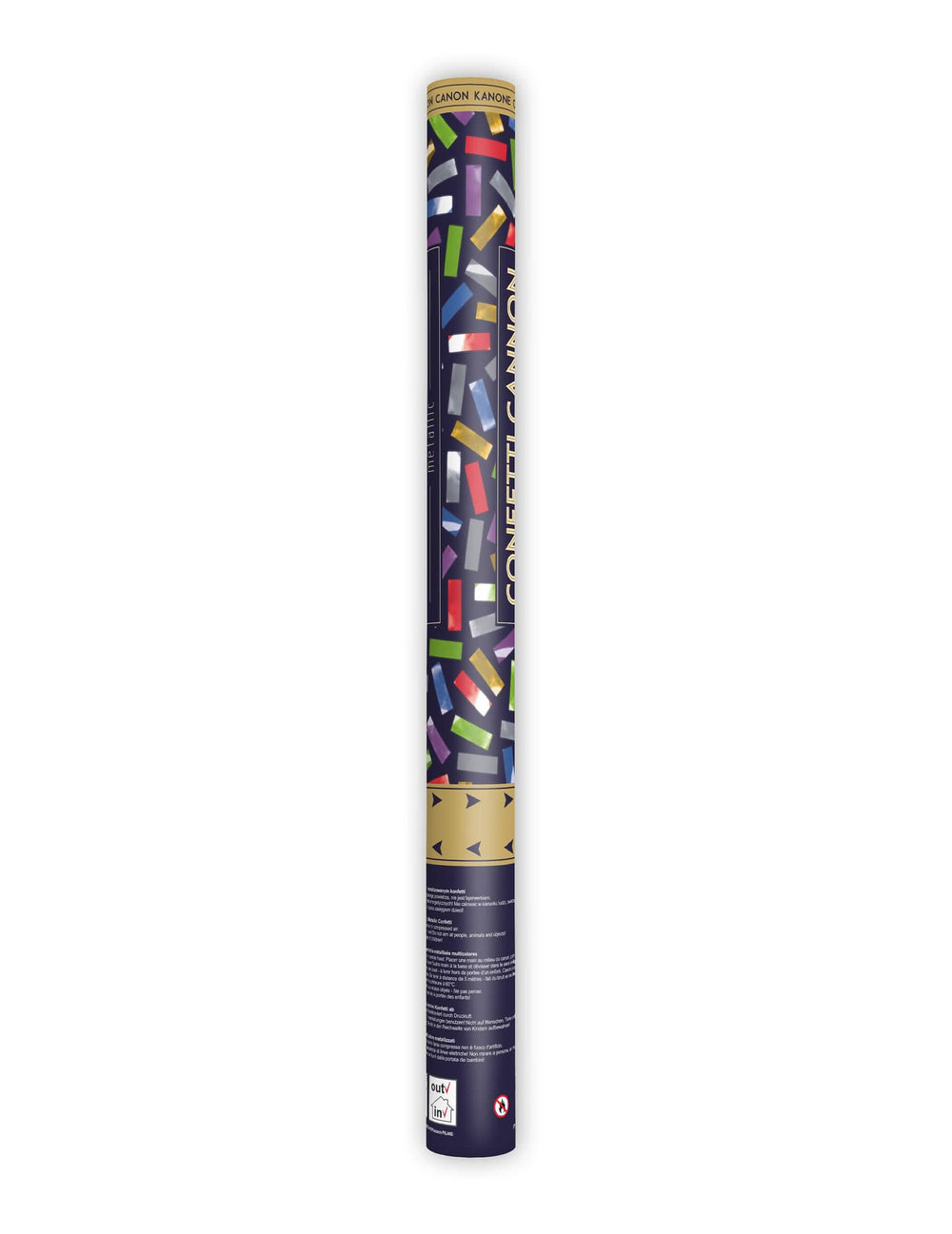 Vue de face du canon à confettis multicolores métalliques