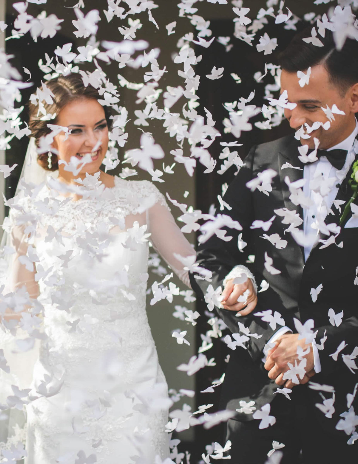 Effet de pluie de confettis du canon à confettis papillons blancs