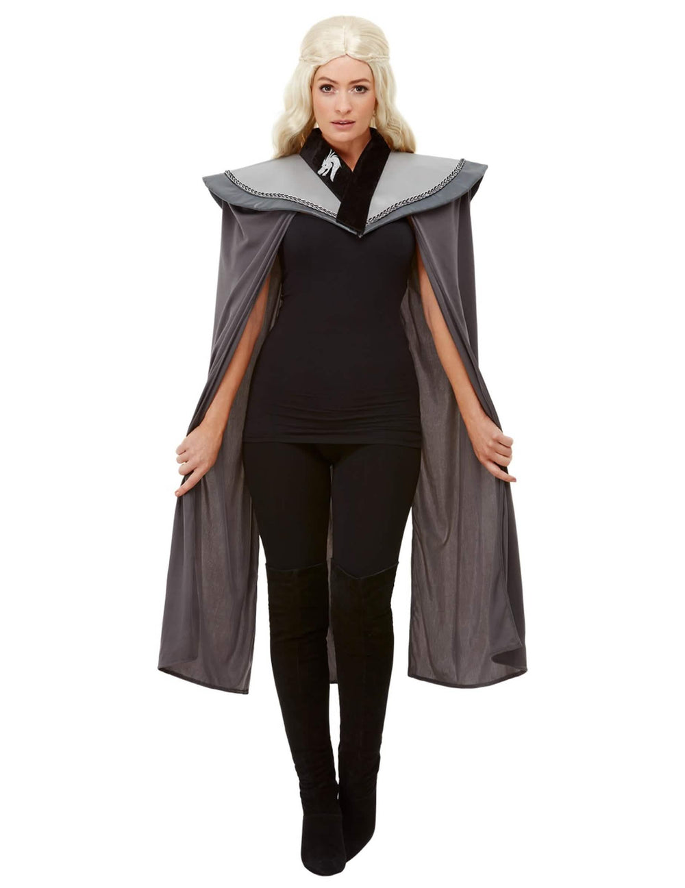 Cape médiévale pour femme grise avec col noir et blason dragon