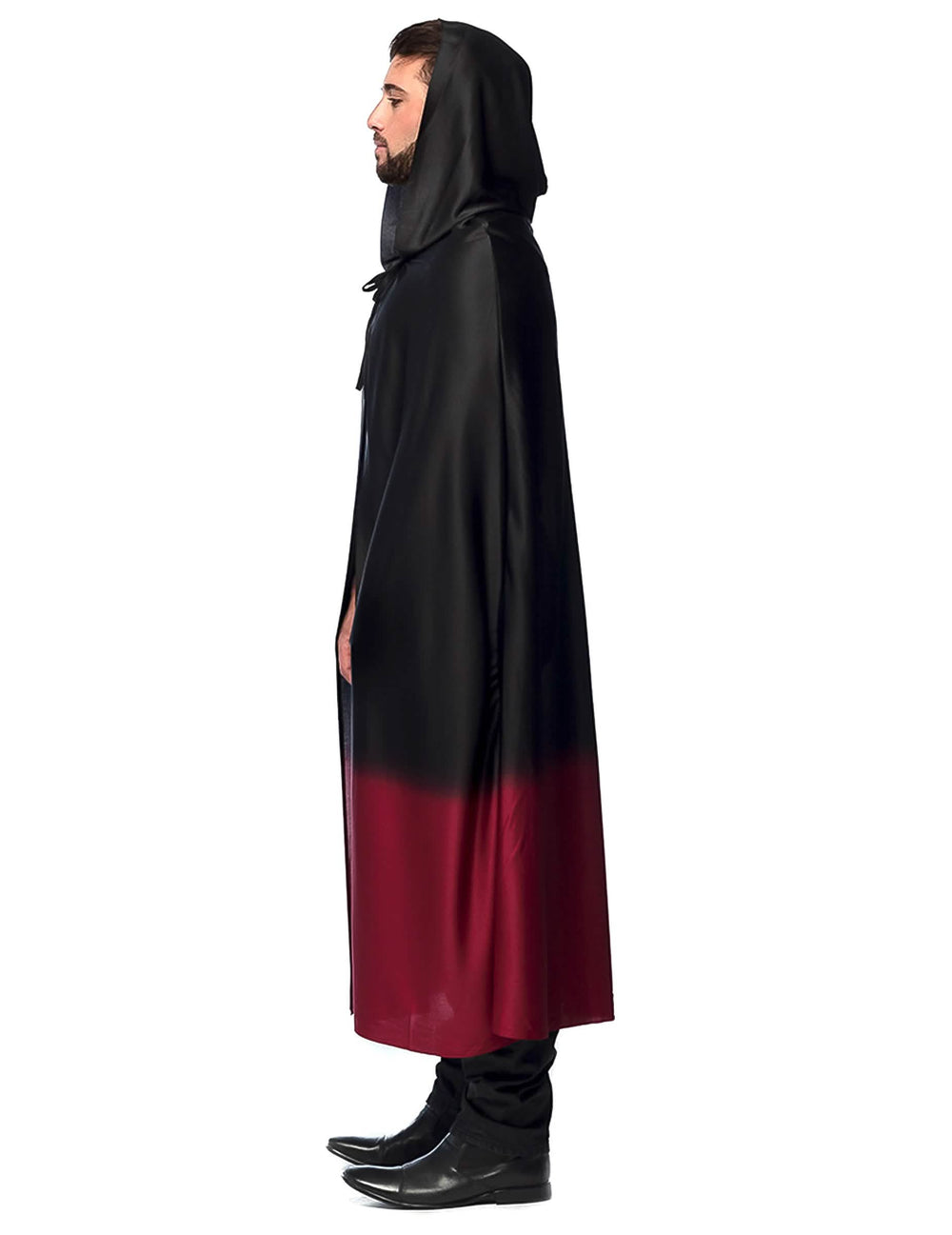 Vue de profil de la cape Halloween pour adulte noire avec dégradé rouge
