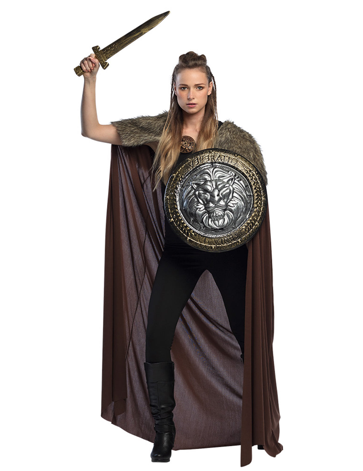 Épée et bouclier portés avec la cape seigneur viking luxe pour adulte