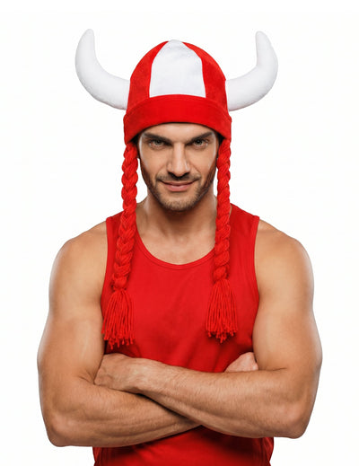 Casque en tissu avec cornes et tresses supporter blanc et rouge
