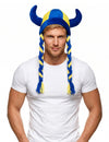 Stoffen helm met hoorns en vlechten supporter blauw en geel Zweden