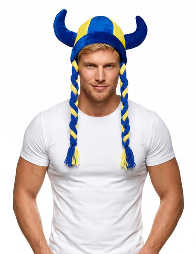 Casque en tissu avec cornes et tresses supporter bleu et jaune Suède
