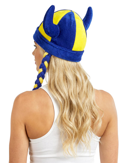Stoffen helm met hoorns en vlechten supporter blauw en geel Zweden