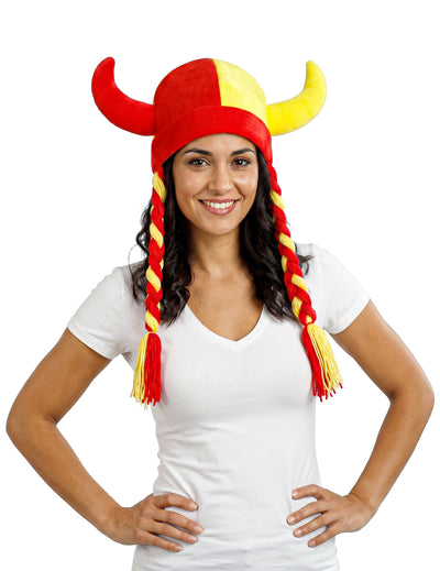 Casque en tissu avec cornes et tresses supporter rouge et jaune Espagne