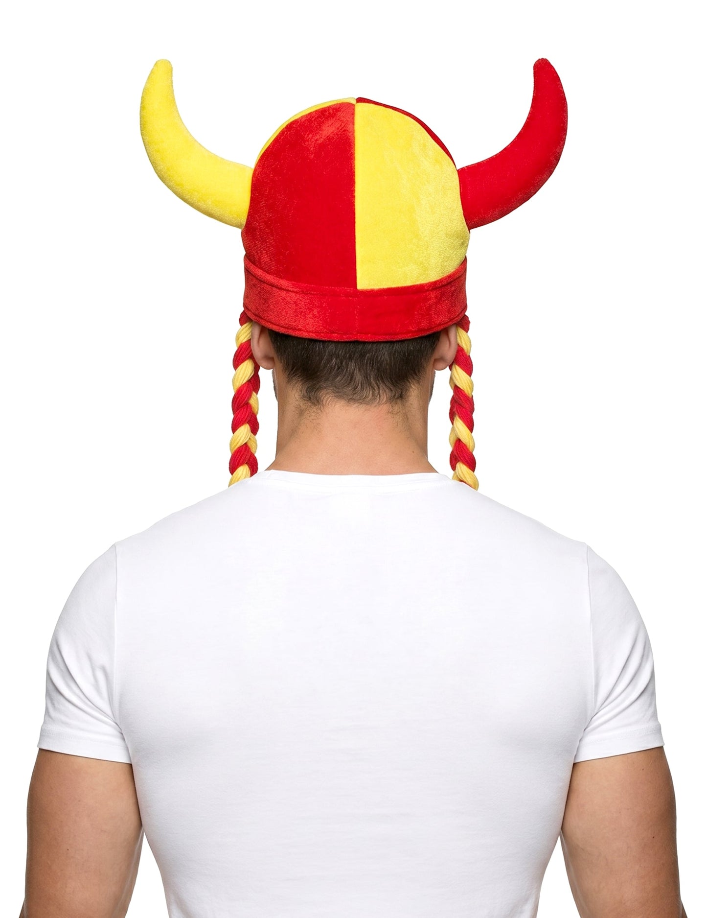 Stoffen hoofdband met hoorns en vlechten, supporter, rood en geel, Spanje