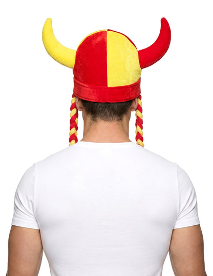 Stoffen hoofdband met hoorns en vlechten, supporter, rood en geel, Spanje