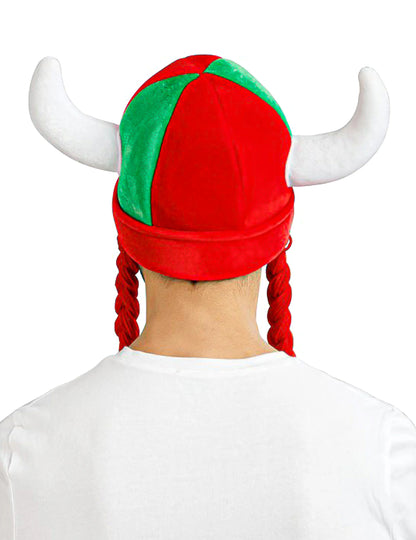 Stoffen helm met hoorns en supporter-vlechten rood en groen Portugal