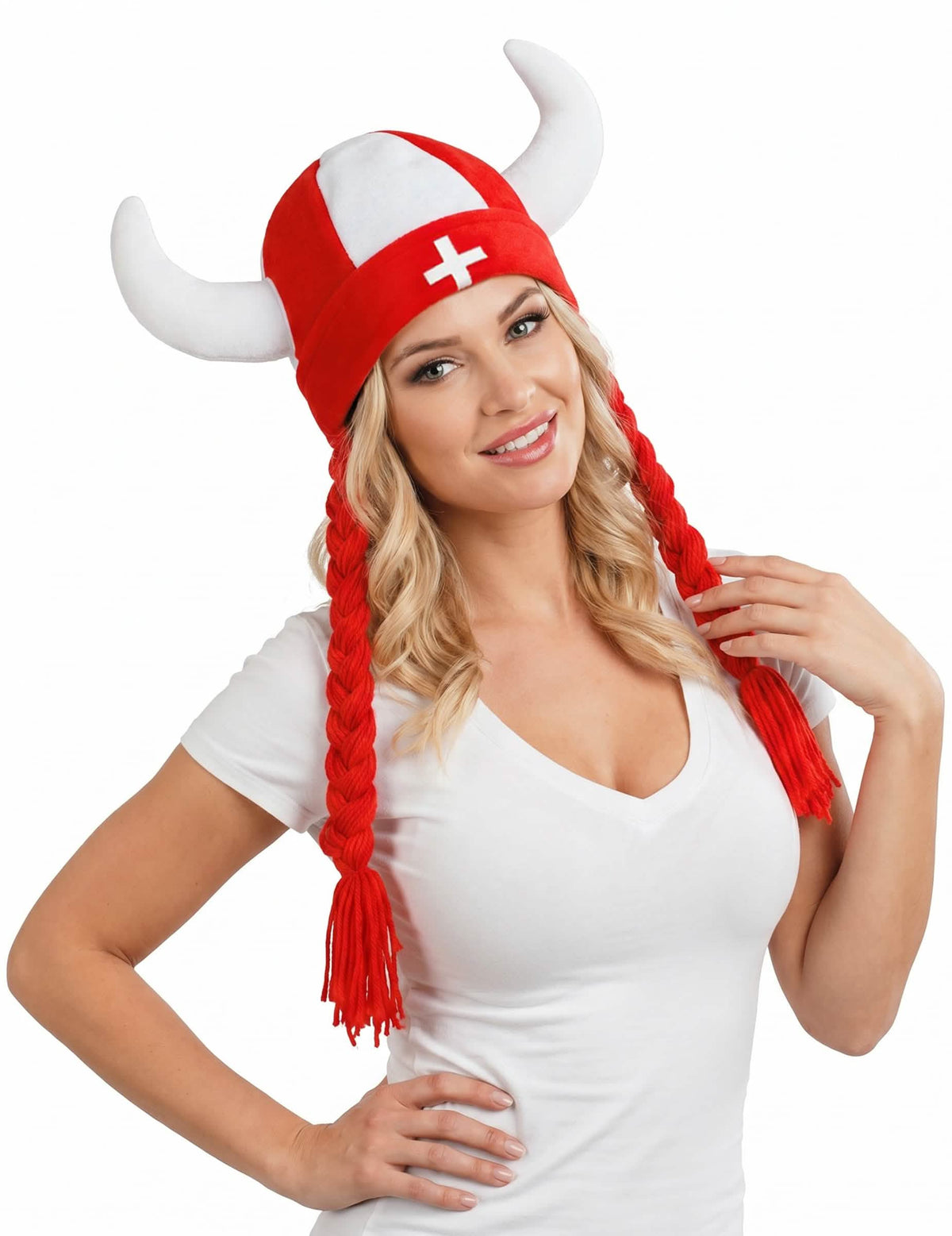 Casque en tissu avec cornes et tresses supporter Suisse