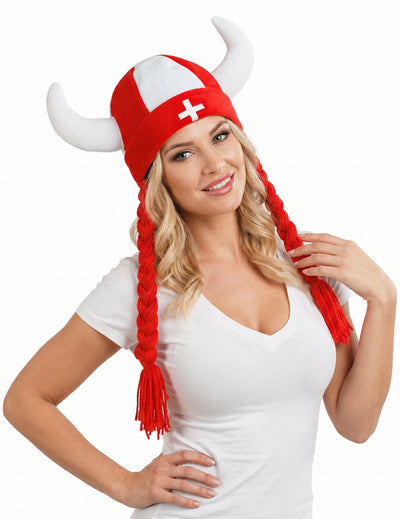 Casque en tissu avec cornes et tresses supporter Suisse