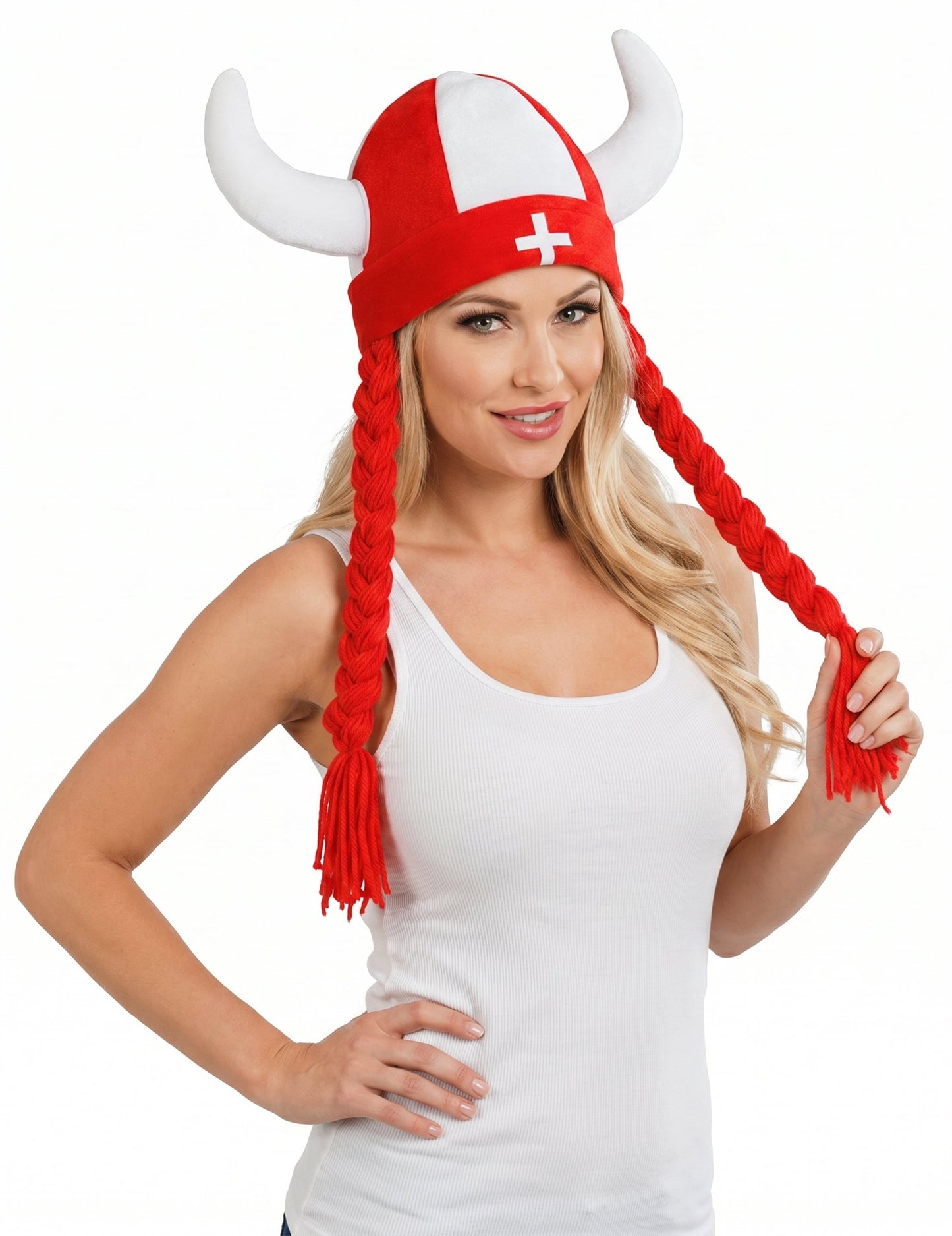 Stoffen helm met hoorns en vlechten supporter Zwitserland