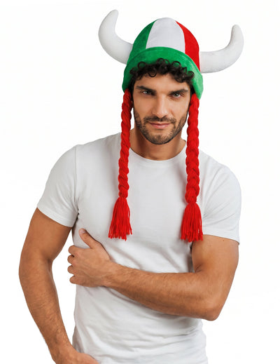 Casque en tissu avec cornes et tresses supporter vert blanc rouge Italie