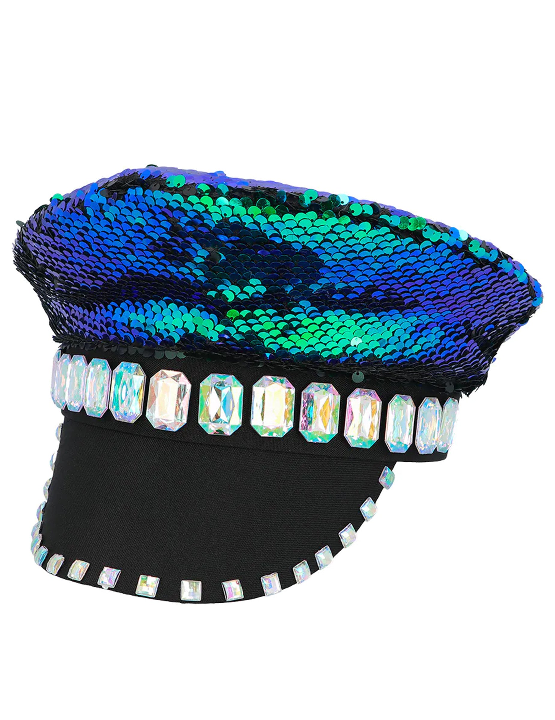 Vue de profil de la casquette à sequins réversibles noir et vert bleuté pour adulte