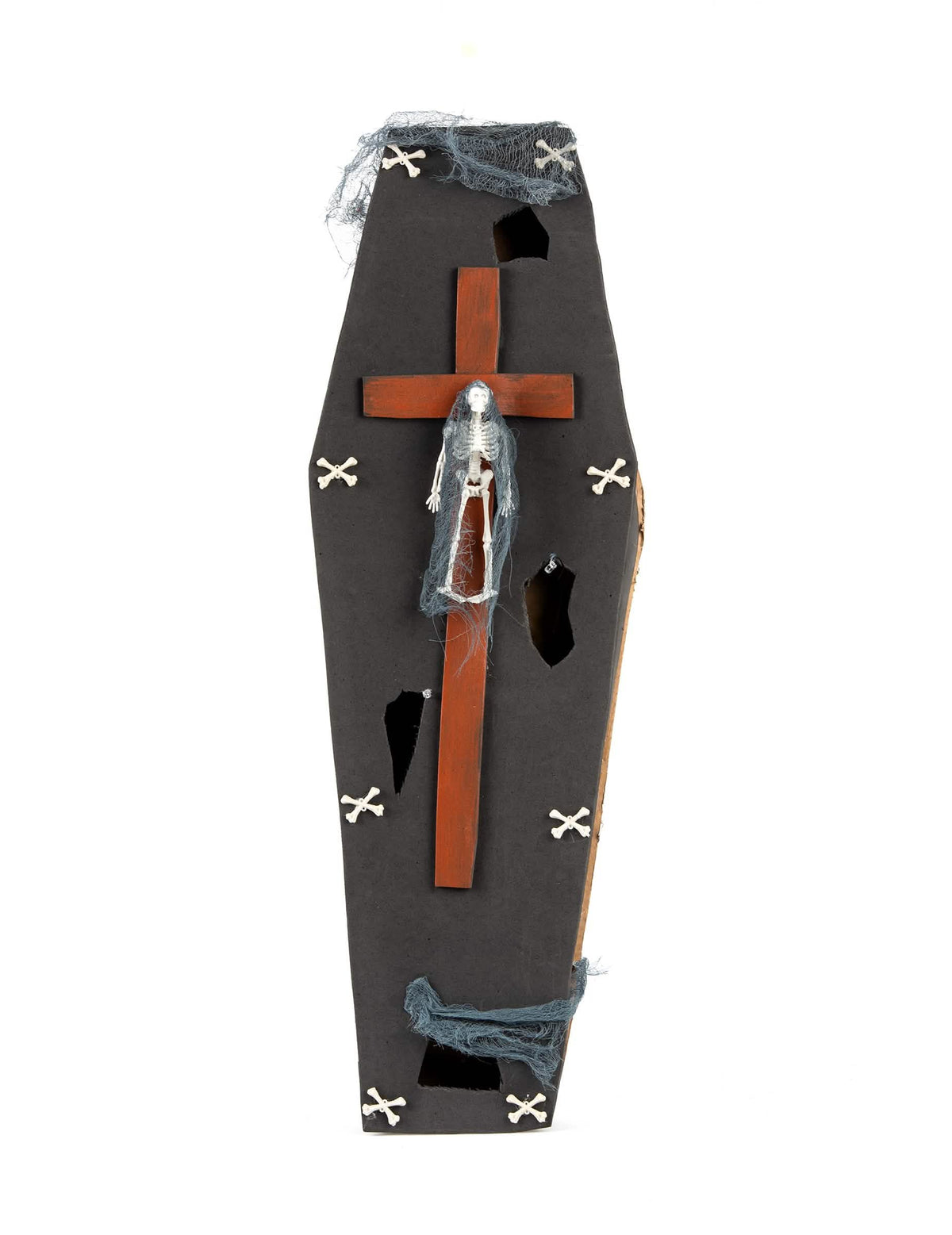 Cercueil avec croix Halloween pour décoration noir avec squelette et voile