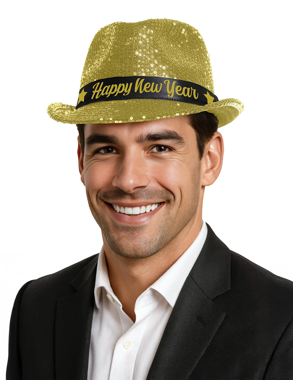 Chapeau à sequins Happy New Year pour adulte doré avec bandeau noir