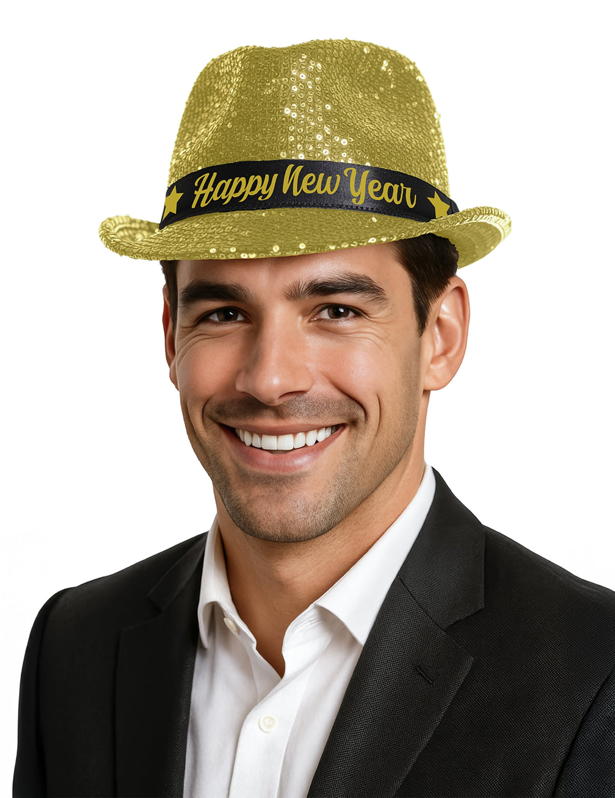 Chapeau à sequins Happy New Year pour adulte doré avec bandeau noir