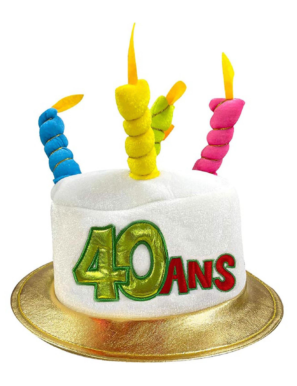 Verjaardagshoed 40 jaar voor volwassenen wit in de vorm van een taart met kleurrijke kaarsjes